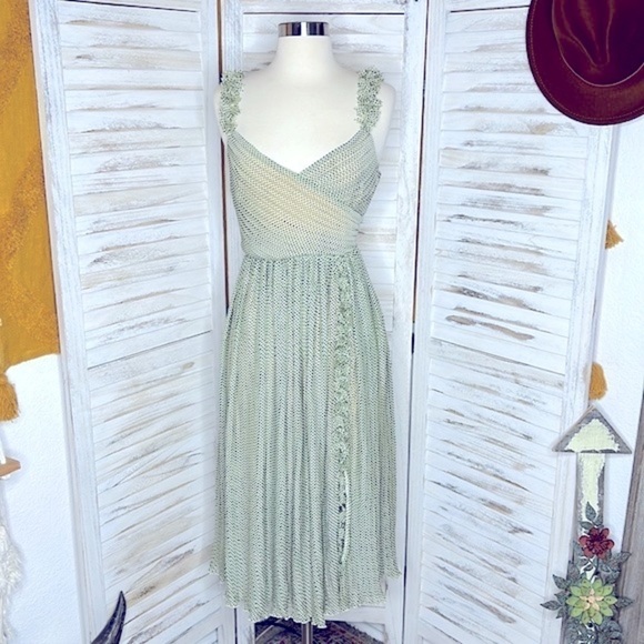 Anthropologie FOXIEDOX Light Green Black Polka Dot A Line Dress Small - Picture 1 of 7